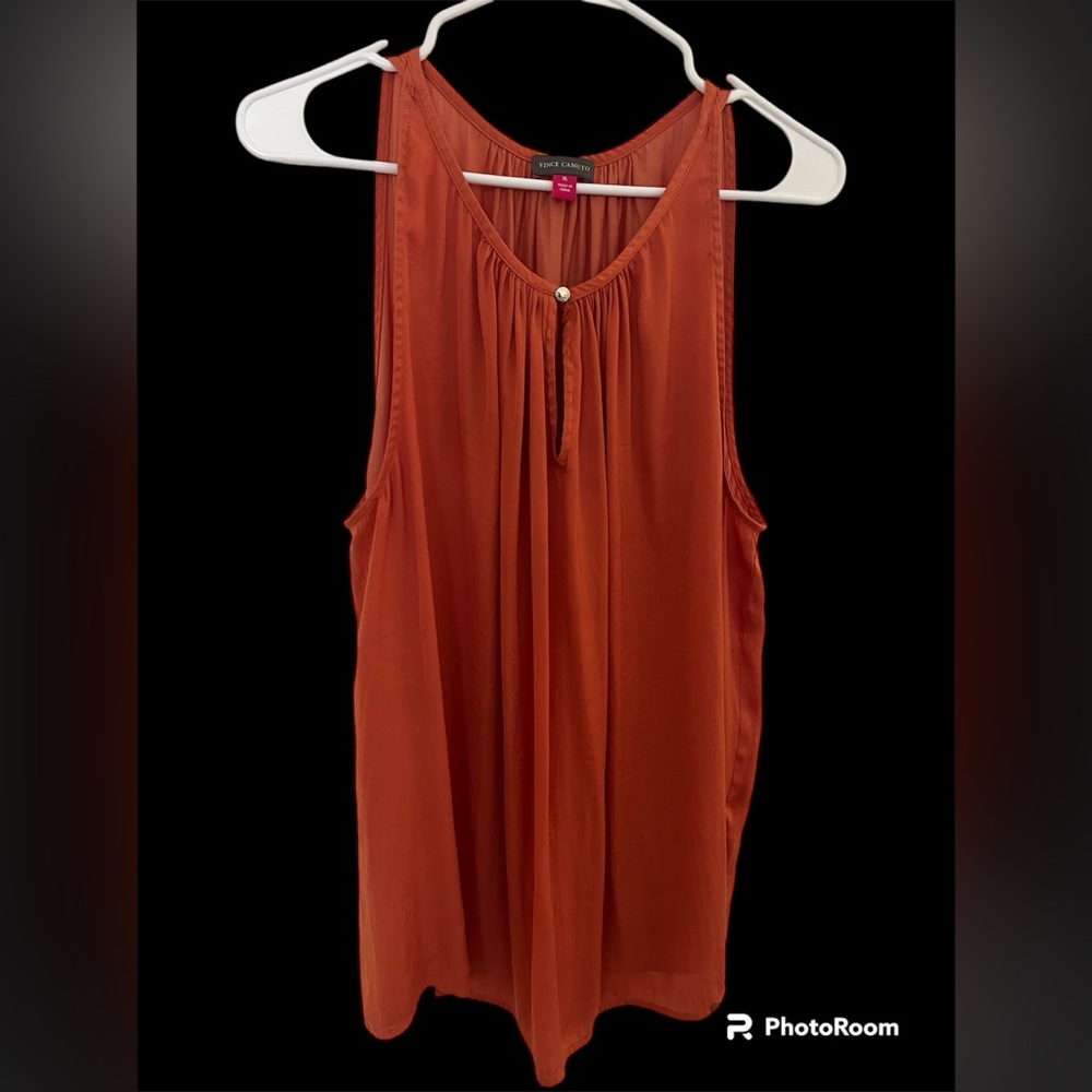 Vince Camuto Rust Sleeveless Pleated Tie-Neck Tank